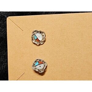 NATIVE AMERICAN ZUNI INLAID MULTI-STONE STERLING FLOWER SHAPED EARRINGS